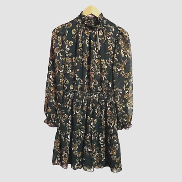 Drew Floral Green Fern and Brown Ruffle Chiffon Knee Length Dress Size M NWT - Picture 1 of 9